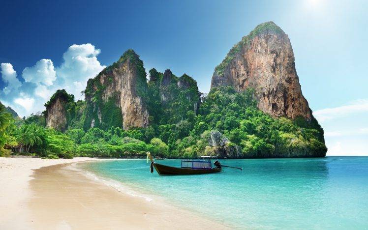 nature, Landscape, Beach, Hill, Boat, Thailand HD Wallpaper Desktop Background