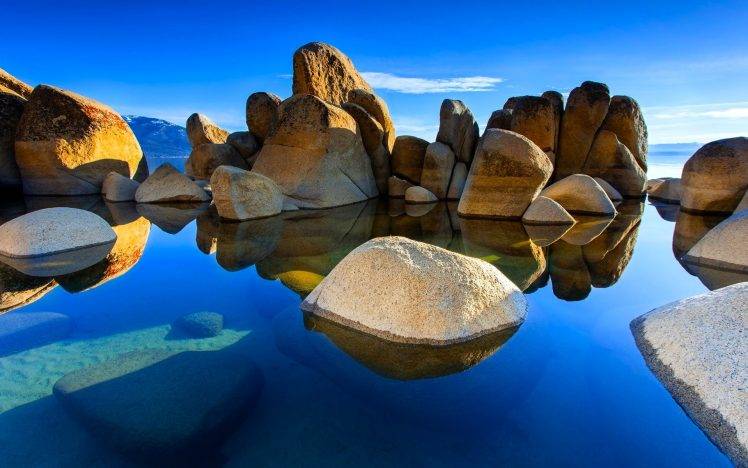 nature, Landscape, Water, Sea, Stones, Clouds, Rock, Hill, Sunlight, Reflection, Underwater, Calm, Blue HD Wallpaper Desktop Background