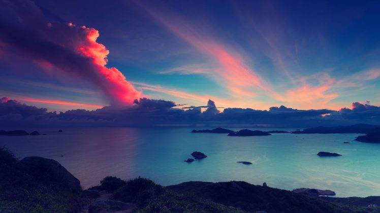 sky, Nature, Landscape, Clouds, Coast, Sea, Sunset, Island, Calm HD Wallpaper Desktop Background