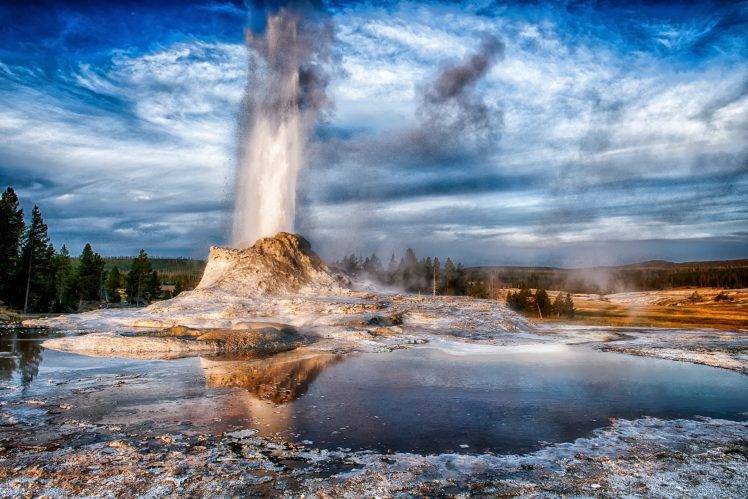 nature, Landscape, Trees, Geysers, Water, Wyoming, USA, Water Drops, Splashes, Rock, HDR, Clouds, Forest, Reflection, Yellowstone National Park HD Wallpaper Desktop Background