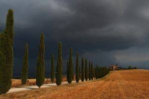 landscape, Clouds, Storm, Nature, Italy, Trees, Road, Field, House, Hill