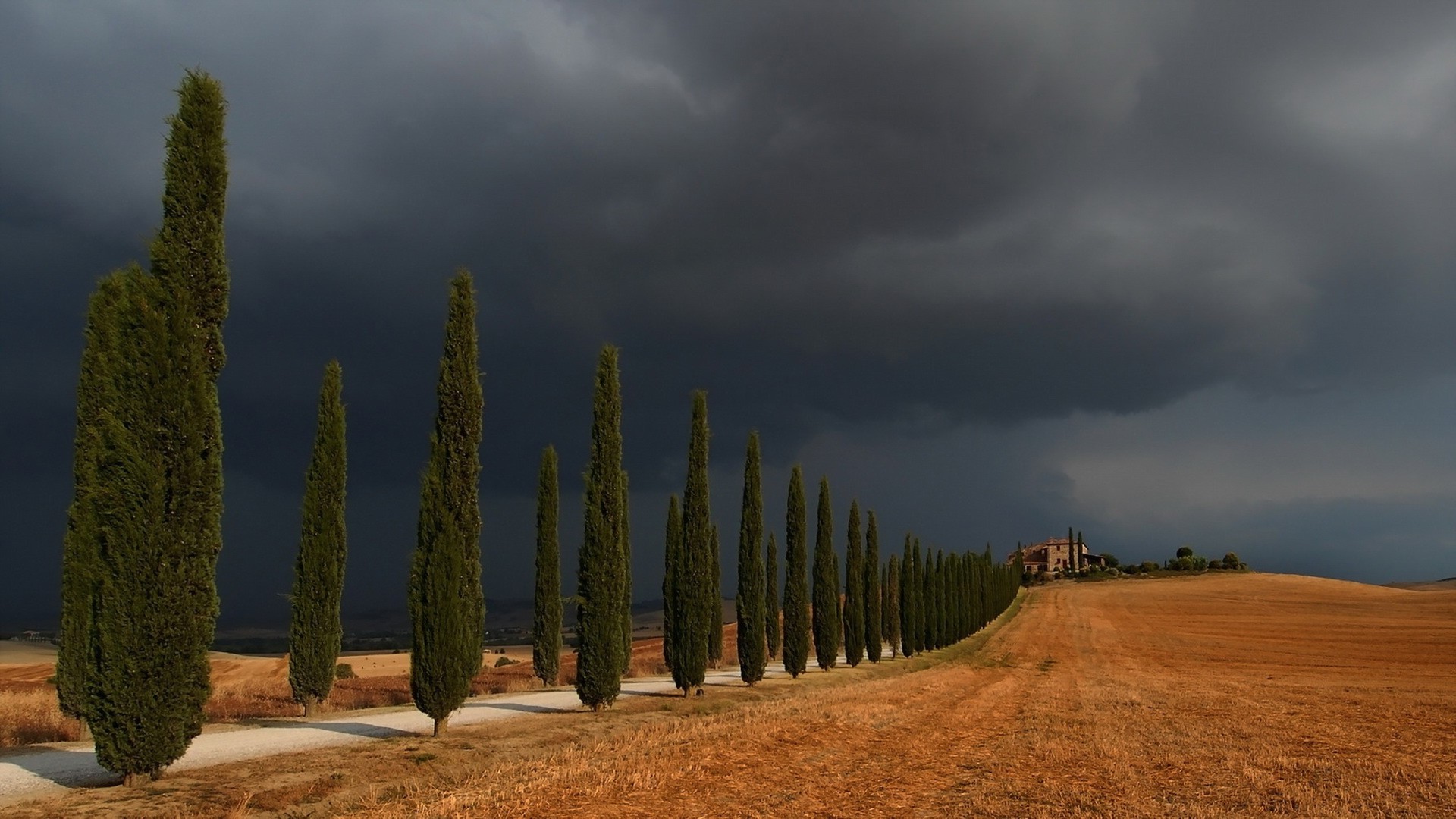 landscape, Clouds, Storm, Nature, Italy, Trees, Road, Field, House, Hill Wallpaper