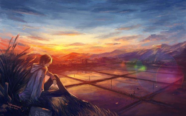 sunset, Rice Paddy, Artwork, Lens Flare, Digital Art, Landscape, Field, Nature, Anime Boys HD Wallpaper Desktop Background
