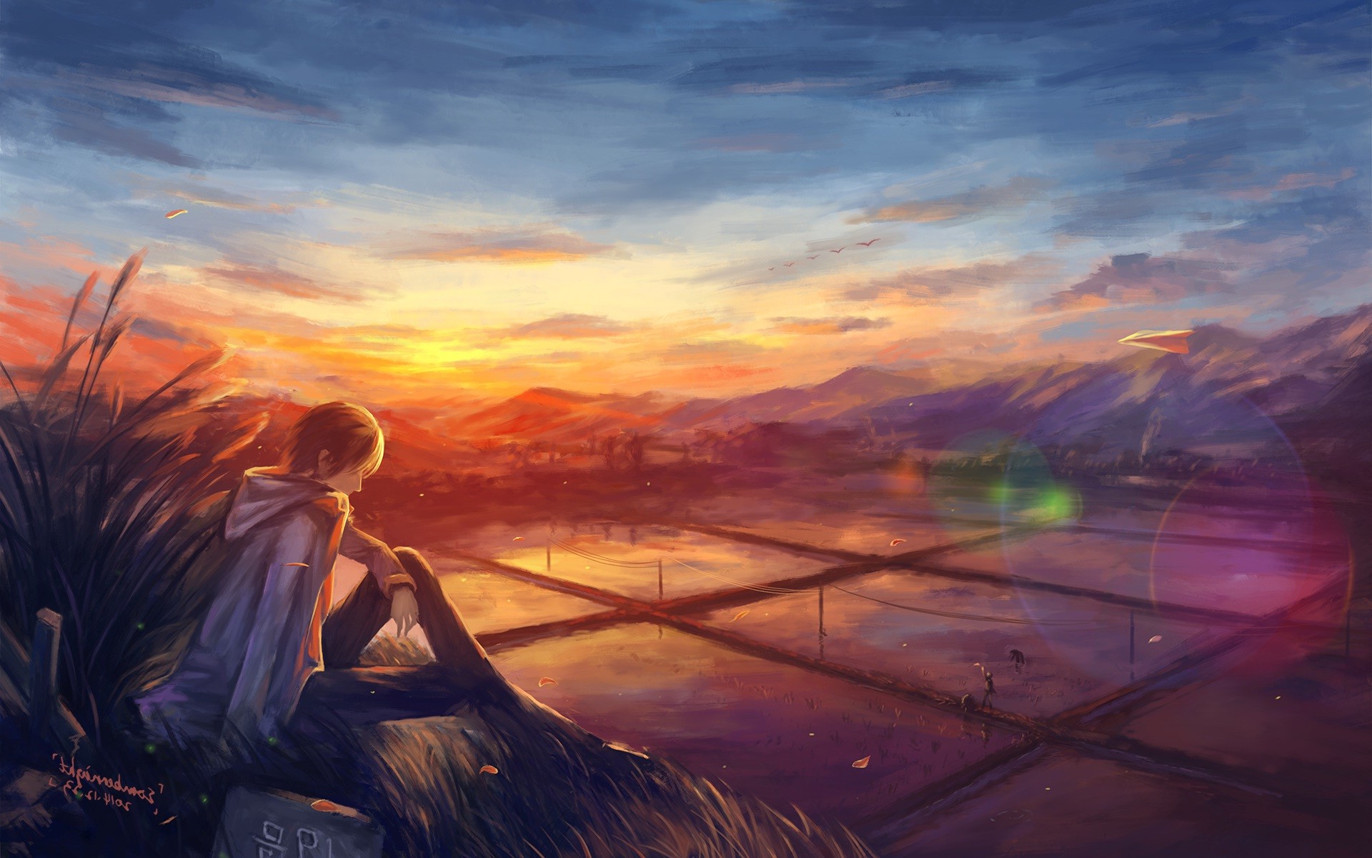 sunset, Rice Paddy, Artwork, Lens Flare, Digital Art, Landscape, Field, Nature, Anime Boys Wallpaper