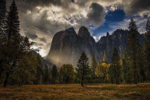 nature, Landscape, Mountain, Yosemite National Park, USA, Trees, Forest, Sunlight, Clouds, Field, Grass, HDR