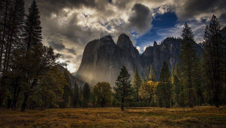 nature, Landscape, Mountain, Yosemite National Park, USA, Trees, Forest, Sunlight, Clouds, Field, Grass, HDR HD Wallpaper Desktop Background