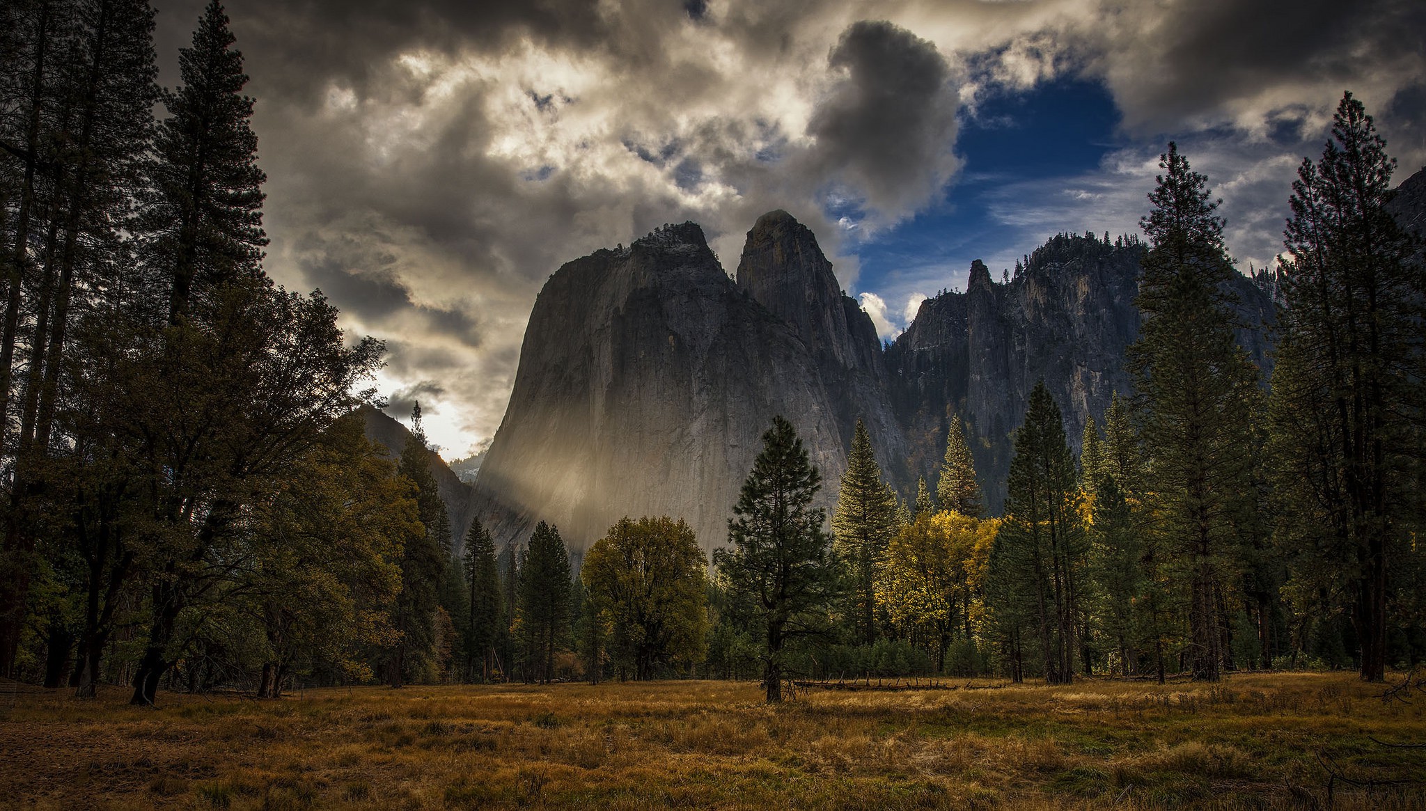 nature, Landscape, Mountain, Yosemite National Park, USA, Trees, Forest, Sunlight, Clouds, Field, Grass, HDR Wallpaper