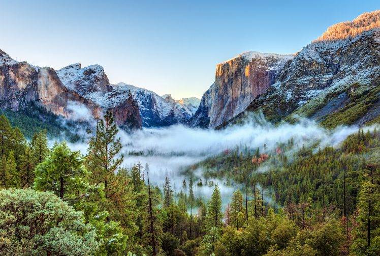 nature, Landscape, Mountain, Yosemite National Park, USA, Trees, Forest, Sunlight, Snow, Mist, Sunset HD Wallpaper Desktop Background