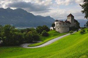 nature, Landscape, Architecture, Castle, Trees, Grass, Forest, Liechtenstein, Road, Field, Mountain, Hill, Clouds, Hairpin Turns
