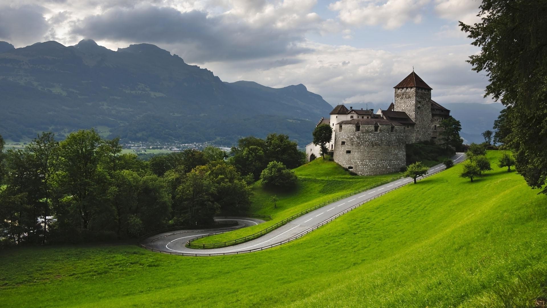 nature, Landscape, Architecture, Castle, Trees, Grass, Forest, Liechtenstein, Road, Field, Mountain, Hill, Clouds, Hairpin Turns Wallpaper