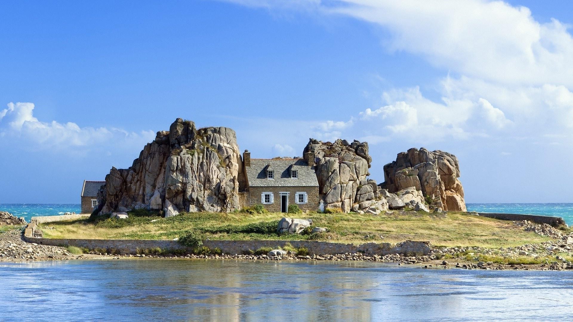 nature, Architecture, Rock, House, Water, Landscape, France, Coast, Clouds, Sea, Grass, Stones Wallpaper