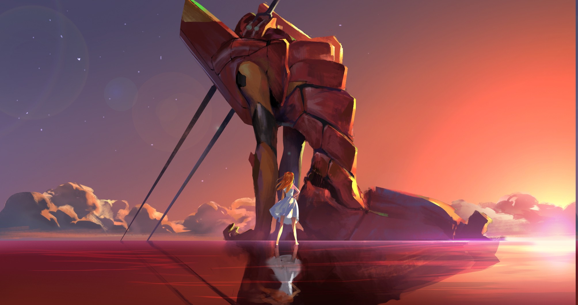 Neon Genesis Evangelion, Asuka Langley Soryu, EVA Unit 02, Water, Reflection, Clouds, Stars, Anime Wallpaper