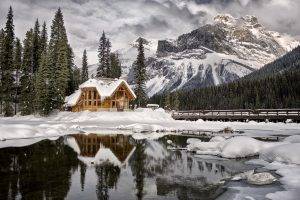 nature, Landscape, Mountain, Snow, Water, Clouds, Trees, British Columbia, Canada, Winter, Lake, Forest, Ice, House, Reflection