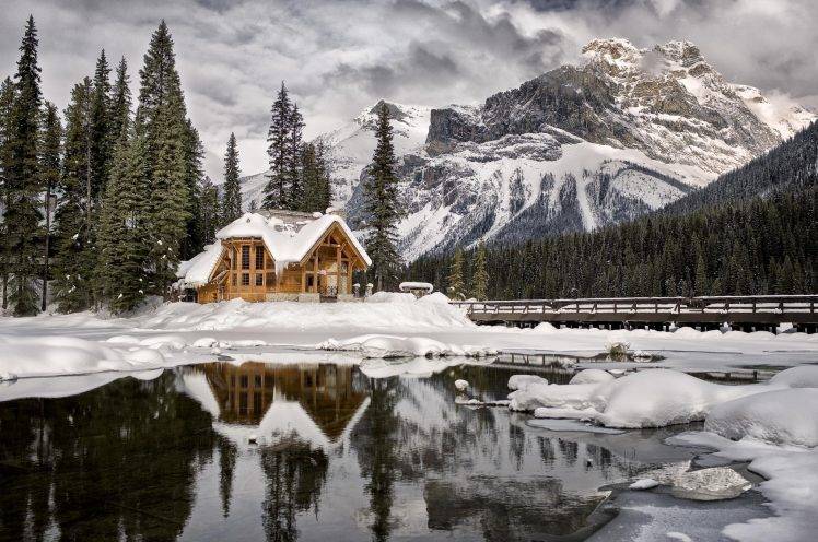 nature, Landscape, Mountain, Snow, Water, Clouds, Trees, British Columbia, Canada, Winter, Lake, Forest, Ice, House, Reflection HD Wallpaper Desktop Background
