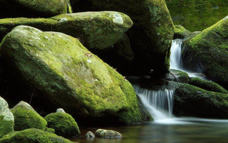 nature, Landscape, Waterfall, Rock, Stones, Long Exposure, Stream, Moss HD Wallpaper Desktop Background