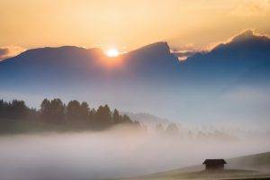 nature, Landscape, Trees, Italy, Morning, Mist, Sunrise, Forest, House, Mountain, Hill, Clouds