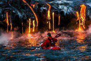 nature, Landscape, Volcano, Lava, Smoke, Men, Kayaks, Danger, Water, Sea, Sports