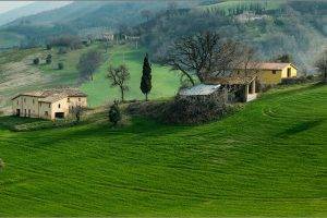 nature, Landscape, Hill, House, Grass, Italy, Trees, Forest, Field, Mist, Old Building, Green