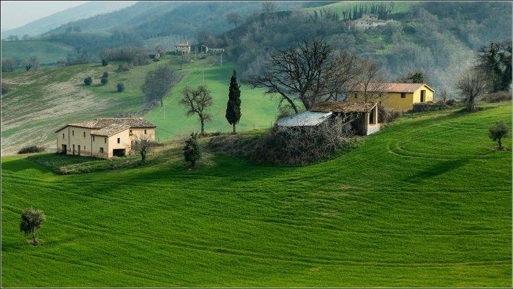 nature, Landscape, Hill, House, Grass, Italy, Trees, Forest, Field, Mist, Old Building, Green HD Wallpaper Desktop Background