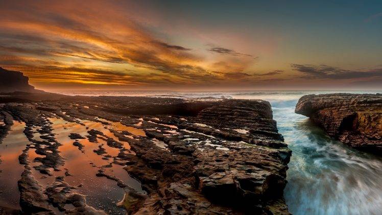 nature, Landscape, Sea, Rock, Sunset, Waves, Clouds, Long Exposure, Horizon HD Wallpaper Desktop Background