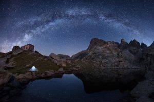 nature, Night, Stars, Milky Way, Landscape, Mountain, Rock, House, Tents, Lake, Reflection