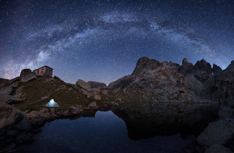 nature, Night, Stars, Milky Way, Landscape, Mountain, Rock, House, Tents, Lake, Reflection HD Wallpaper Desktop Background