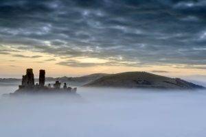 nature, Landscape, Architecture, Castle, Mist, Hill, Trees, Ruin, Clouds, England, UK