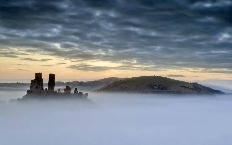 nature, Landscape, Architecture, Castle, Mist, Hill, Trees, Ruin, Clouds, England, UK HD Wallpaper Desktop Background