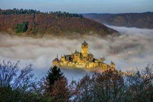 nature, Landscape, Architecture, Castle, Mist, Hill, Trees, Fall, Germany, Forest, Tower, House, Town, Church