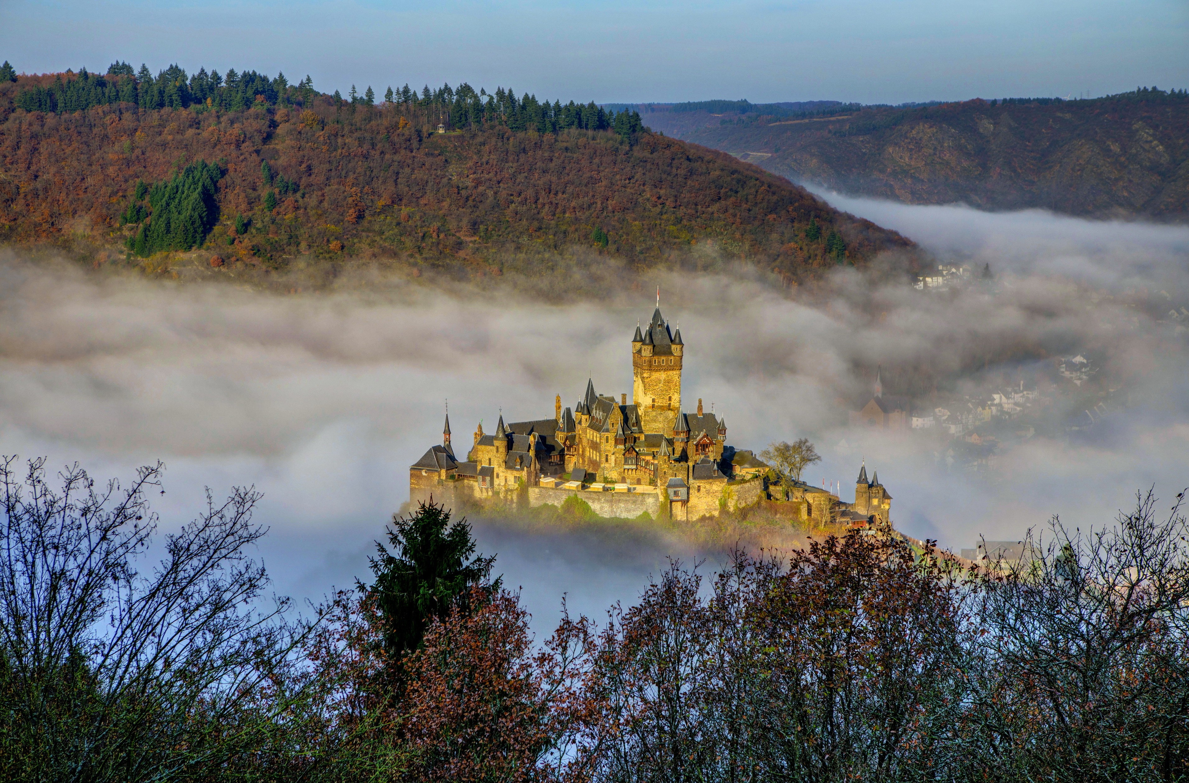 nature, Landscape, Architecture, Castle, Mist, Hill, Trees, Fall, Germany, Forest, Tower, House, Town, Church Wallpaper
