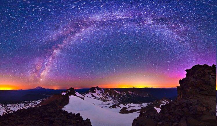 nature, Winter, Mountain, Milky Way, Snowy Peak, Landscape HD Wallpaper Desktop Background