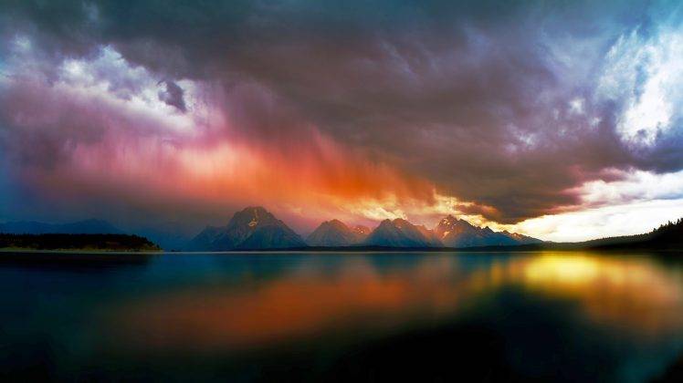 lake, Mountain, Storm, Clouds, Nature, Landscape, Water, Rain, Colorful, Reflection HD Wallpaper Desktop Background