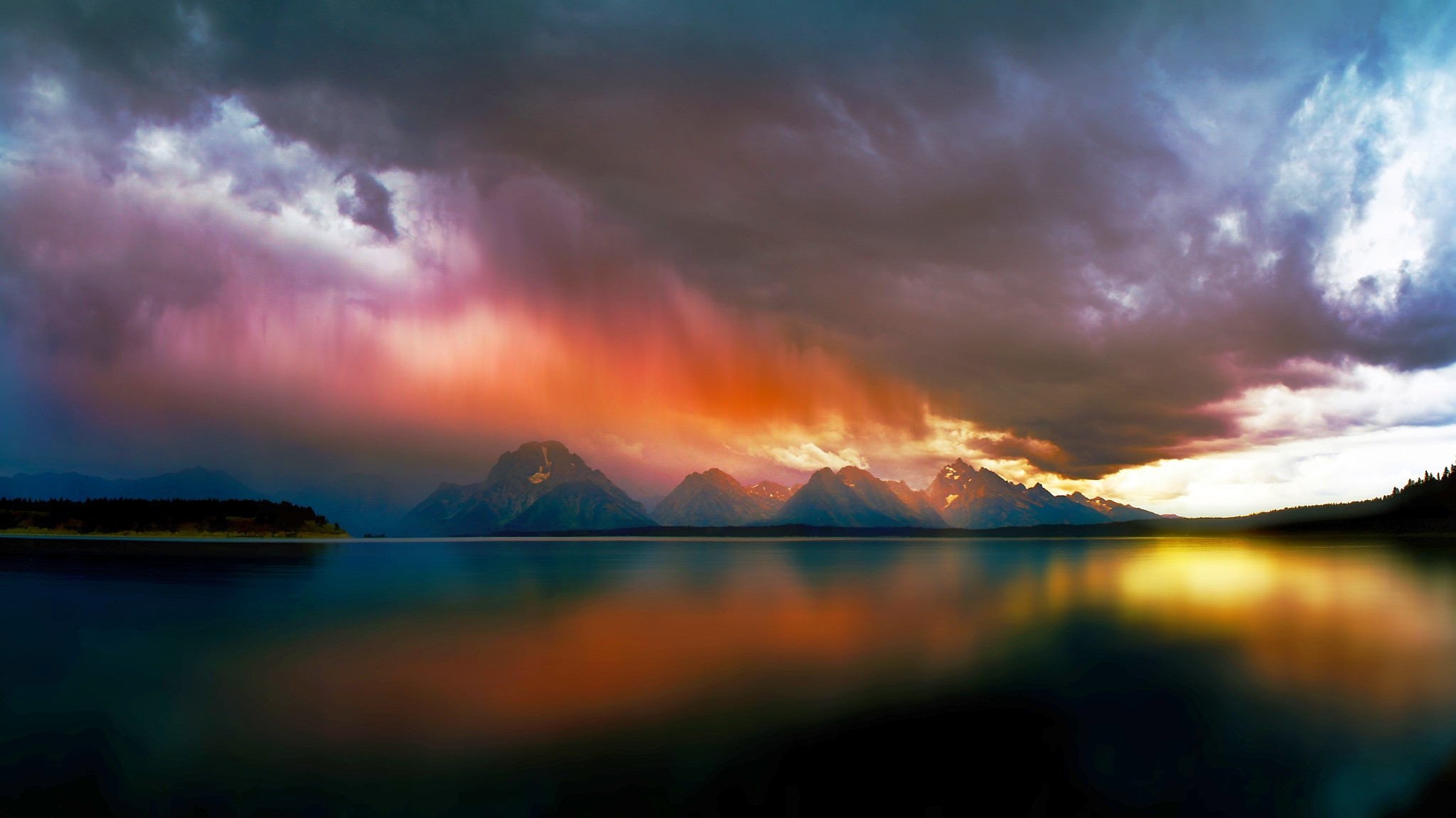 lake, Mountain, Storm, Clouds, Nature, Landscape, Water, Rain, Colorful, Reflection Wallpaper