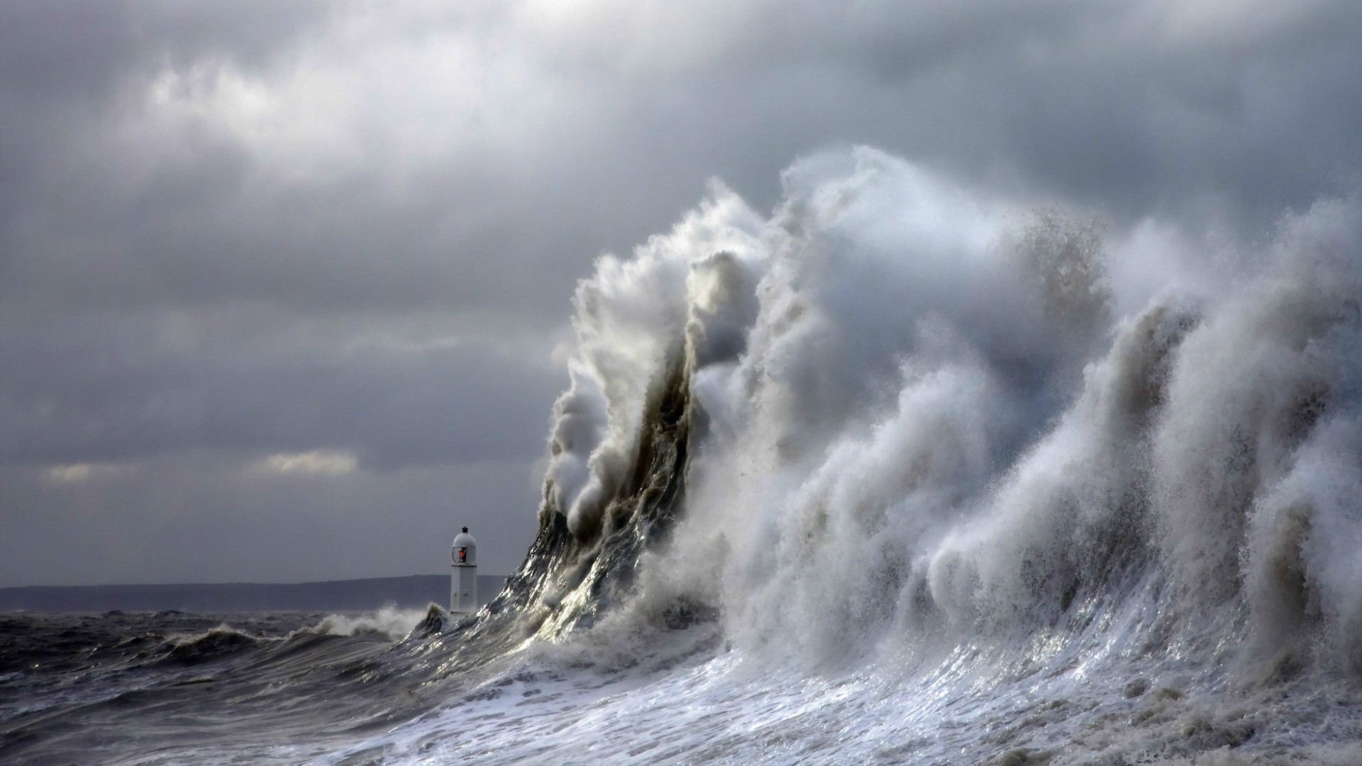 nature, Landscape, Sea, Waves, Clouds, Lighthouse, Storm, Hill