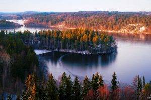 fall, Forest, Nature, Landscape, Hill, Lake, Trees, Snow
