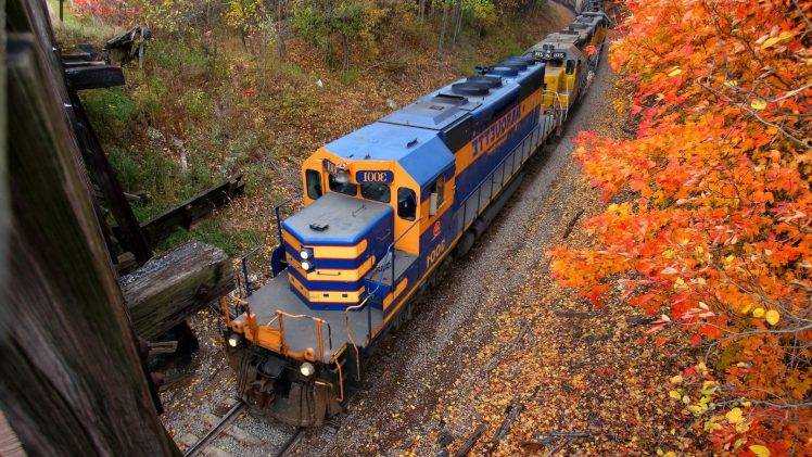 nature, Landscape, Railway, Train, Trees, USA, Wood, Leaves, Fall, Forest, Diesel Locomotives, Valley HD Wallpaper Desktop Background