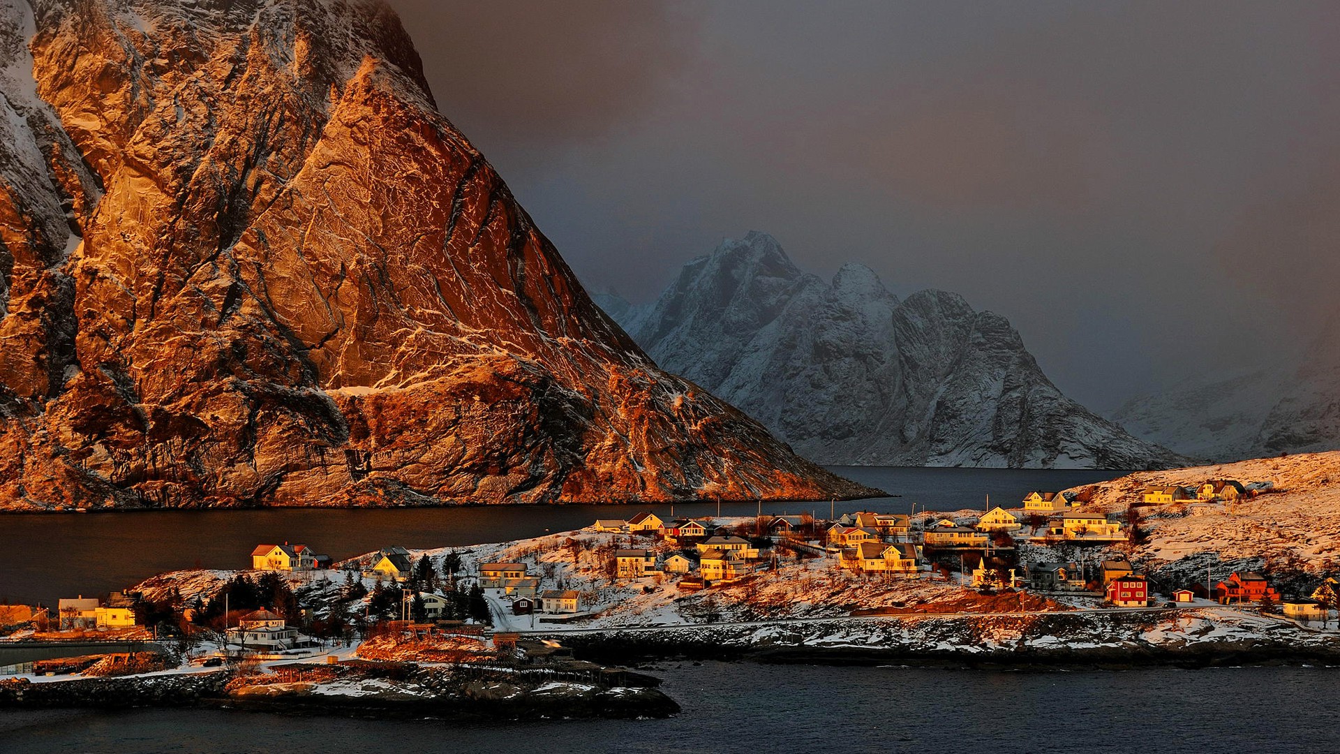 nature, Landscape, Water, Snow, Mountain, Norway, Mist, Rock, House, Trees, Winter, Sunlight, Villages, Sea Wallpaper