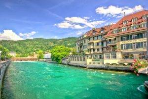 Switzerland, Hotels, River, Hill, Flowers, Forest, Water, Summer, Landscape, Nature, Clouds, Trees
