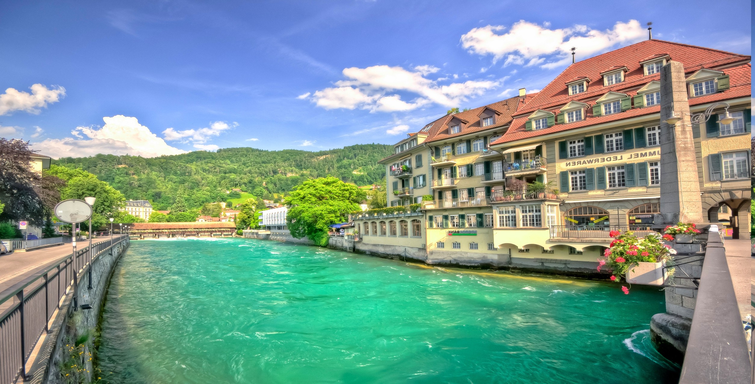 Switzerland, Hotels, River, Hill, Flowers, Forest, Water, Summer, Landscape, Nature, Clouds, Trees Wallpaper