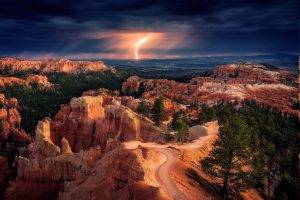 nature, Landscape, Lightning, Storm, Trees, Clouds, Bryce Canyon National Park
