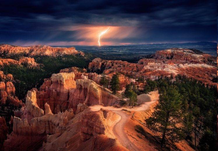 nature, Landscape, Lightning, Storm, Trees, Clouds, Bryce Canyon National Park HD Wallpaper Desktop Background