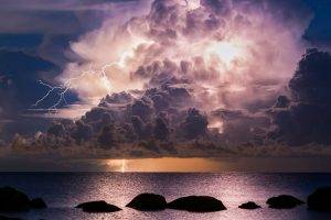 lightning, Sea, Rock, Storm, Clouds, Night, Nature, Landscape