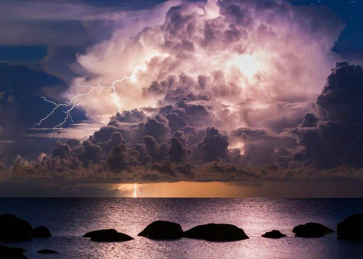 lightning, Sea, Rock, Storm, Clouds, Night, Nature, Landscape HD Wallpaper Desktop Background