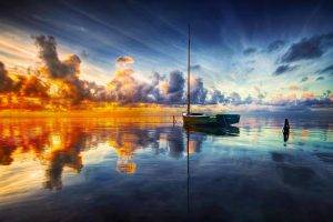 sunrise, Sea, Clouds, Boat, Reflection, Water, Nature, Landscape