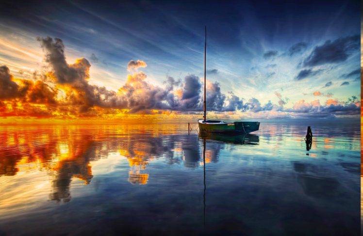 sunrise, Sea, Clouds, Boat, Reflection, Water, Nature, Landscape HD Wallpaper Desktop Background