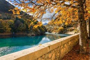 trees, River, Walls, Mountain, Fall, Yellow, Water, Turquoise, Nature, Landscape, Leaves