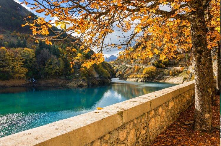 trees, River, Walls, Mountain, Fall, Yellow, Water, Turquoise, Nature, Landscape, Leaves HD Wallpaper Desktop Background