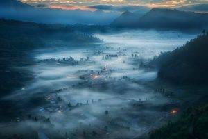 nature, Landscape, Clouds, Bird's Eye View, Indonesia, Bali, Mist, Trees, Forest, Mountain, Hill, Field, Village, House, Lights, Morning, Sunrise