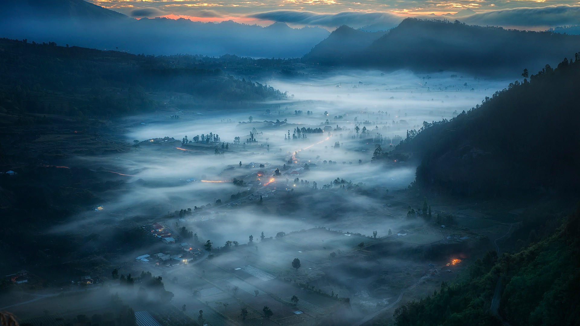 nature, Landscape, Clouds, Bird's Eye View, Indonesia, Bali, Mist, Trees, Forest, Mountain, Hill, Field, Village, House, Lights, Morning, Sunrise Wallpaper