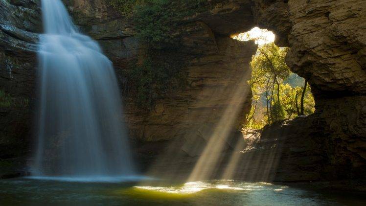 nature, Landscape, Waterfall, Sun Rays HD Wallpaper Desktop Background